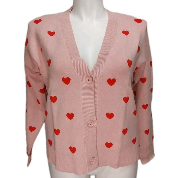 *NWT* Women's Abbott Elementary M Light Pink Long Sleeve Heart Cardigan #L5 - Picture 1 of 3